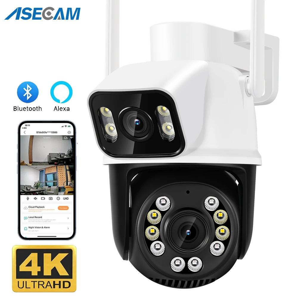 cameras vigilância wifi 8MP 4K, lente dupla com tela dupla, AI Detecção humana Rastreamento automático iCSee externa Novo casa camera de seguranças wifi