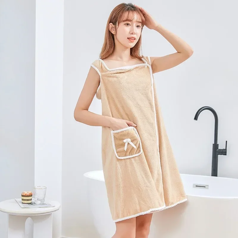 Adult Bathrobe Women Breast Wrap Wearable Bath Towel Coral Velvet Bath Skirt Towels Bathroom Soft Absorbent Thickened Edge