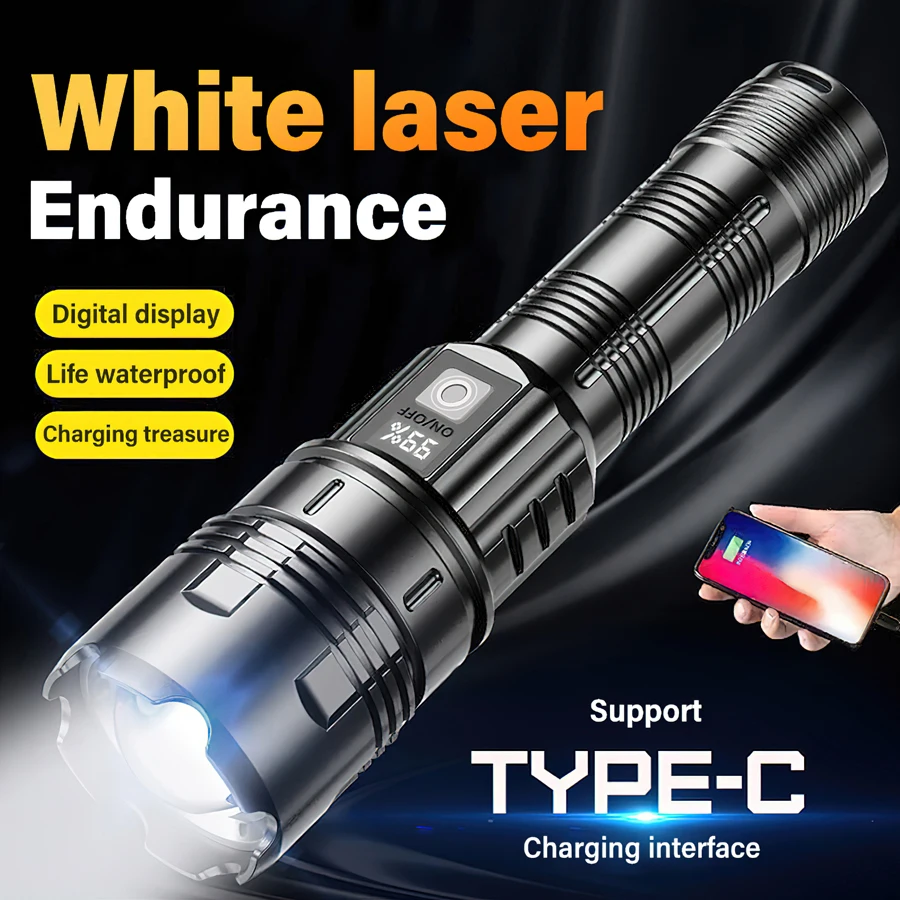 Portable Powerful LED Tactical Flashlight Built-in Battery Type-C Rechargeable  Outdoor Long-range Camping Emergency Flashlight