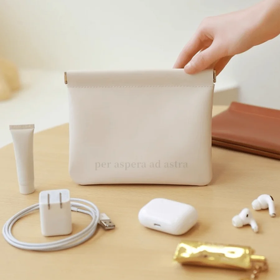 Fashion PU Leather Storage Bag Automatic Closure Waterproof Purse Portable Earphone Charging Line Cosmetic Lipstick Jewelry Bag