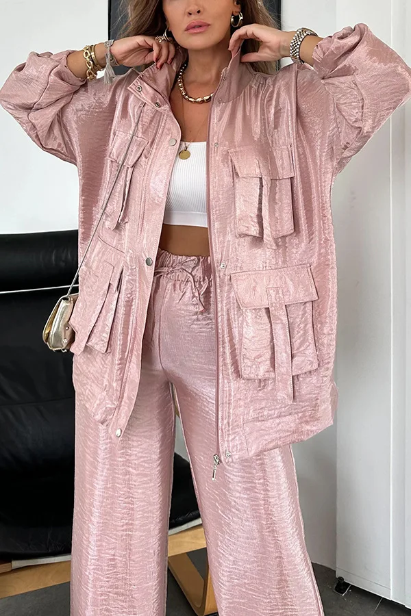 Metallic Women 2 Piece Set Solid Cargo Loose Coats Wide Leg Pants Matching Two Piece Suit Spring Autumn Fashion Street Outfits