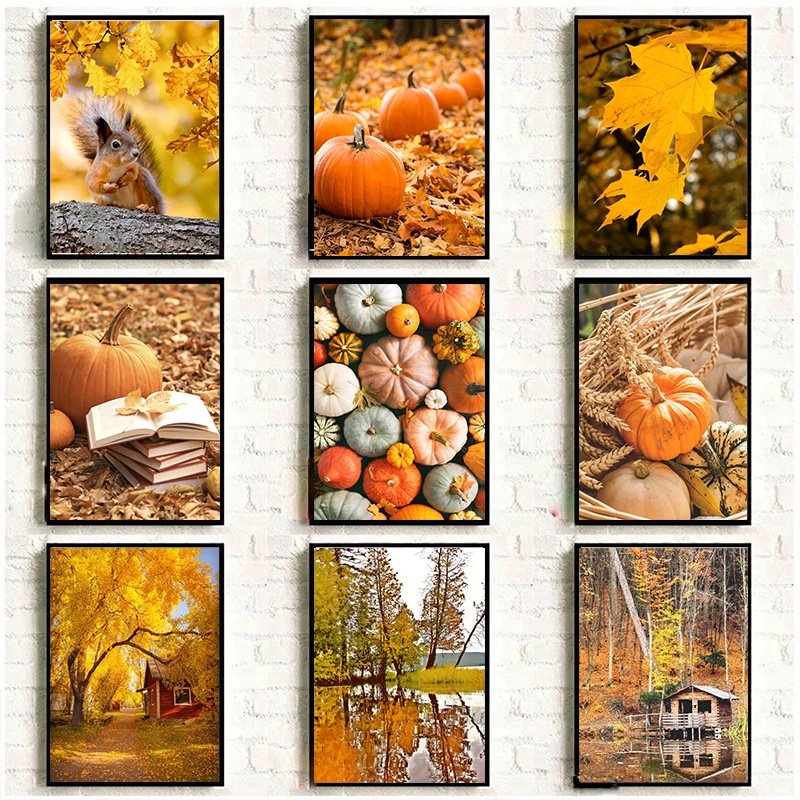 Autumn Yellow Leaves Fall View Landscape Wall Art Print Canvas Painting Pumpkin Halloween Poster Picture Living Room Home Dec