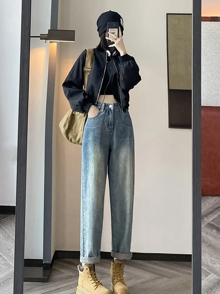 

Эластичные джинсы Harlan в стиле ретро, женские модные новые свободные утягивающие повседневные универсальные брюки-морковка с высокой талией