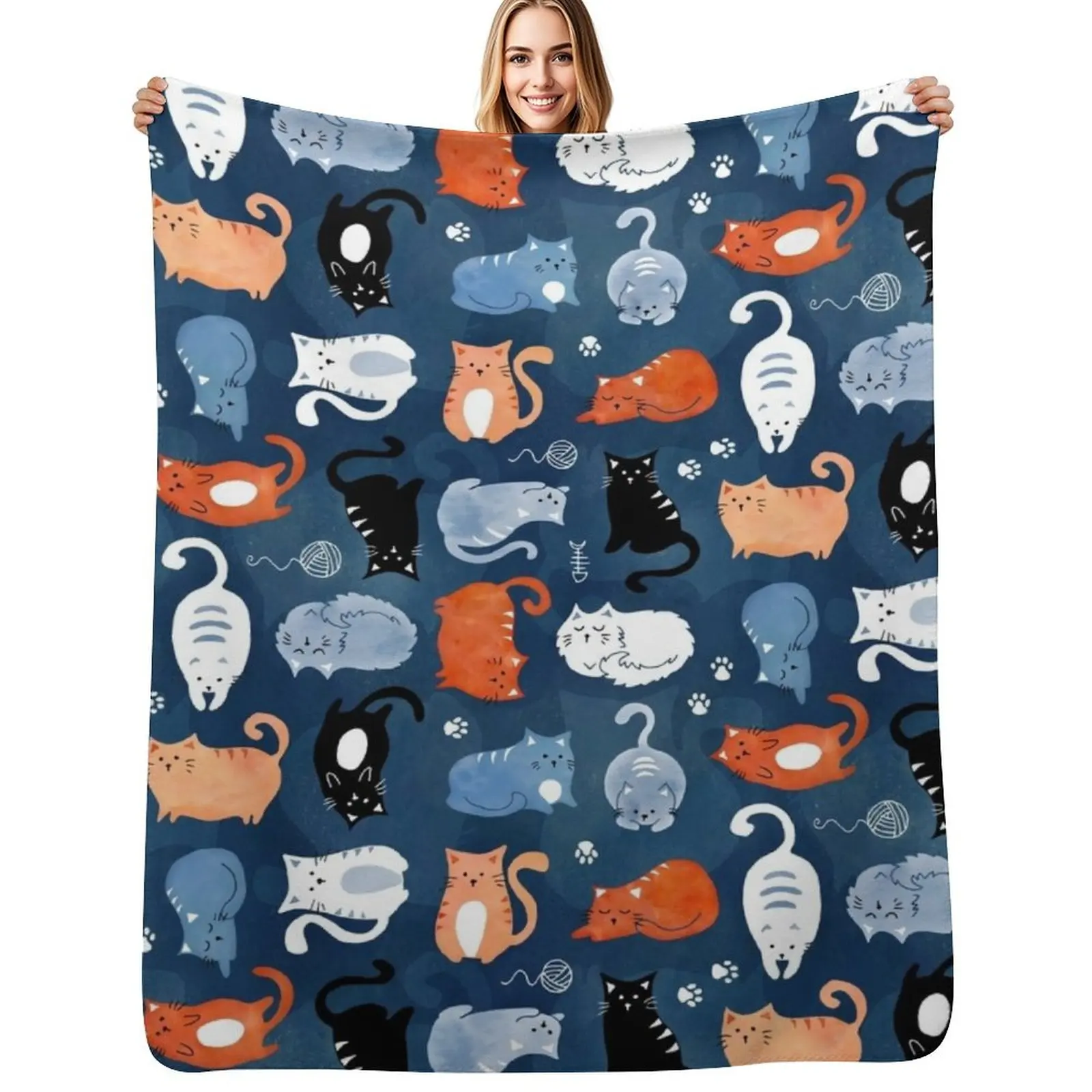

Playful cat pattern in orange and blue watercolor Throw Blanket For Baby Cute Plaid valentine gift ideas Soft Big Blankets