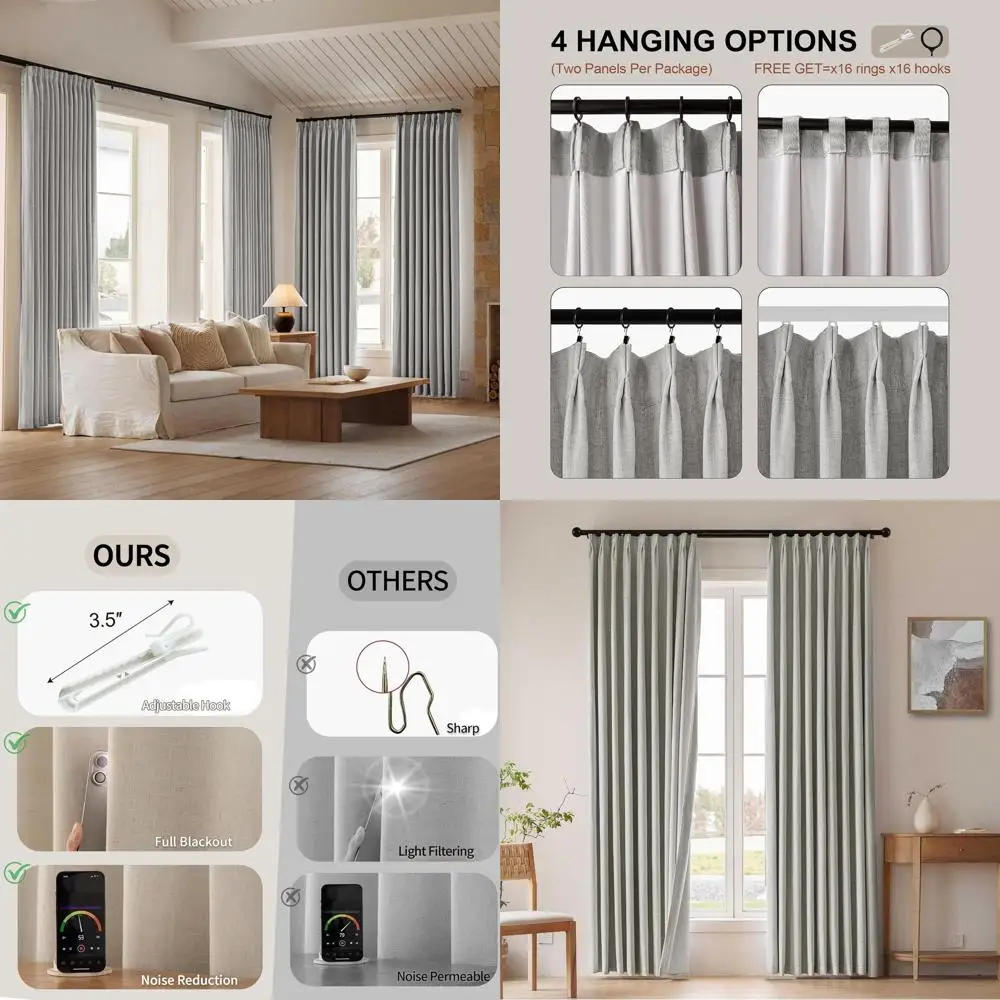 

Linen Blended Light Gray Pinch Pleat Curtains, 2 Panels, 40x90, Room Darkening, Thermal Insulated, with Hooks and Rings for Livi