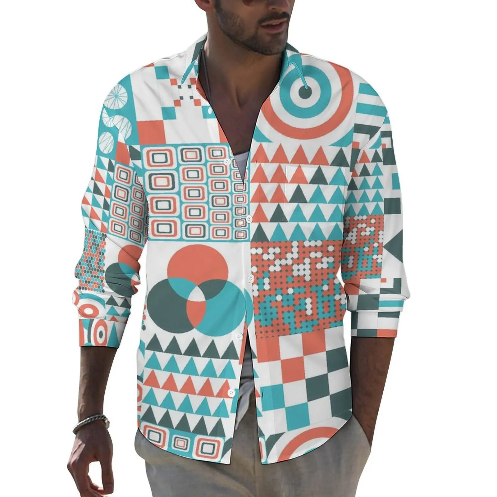 

Retro Tribal Shirt Spring Geometric Shape Print Casual Shirts Men Cool Blouses Long Sleeve Graphic Aesthetic Clothes Big Size