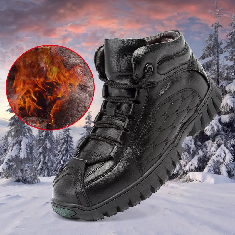 

Mens Winter Genuine Leather Snow Boots Fleece Lined Warm Plus Size Non-Slip Outdoor Casual Shoes