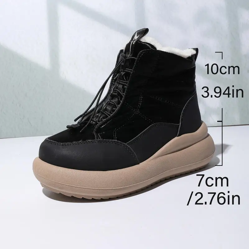 Warm Long Plush Lace Up Snow Boots Women 2025 Winter Autumn Waterproof Fabric Thick Bottom Ankle Boots Woman's Platform Sneakers