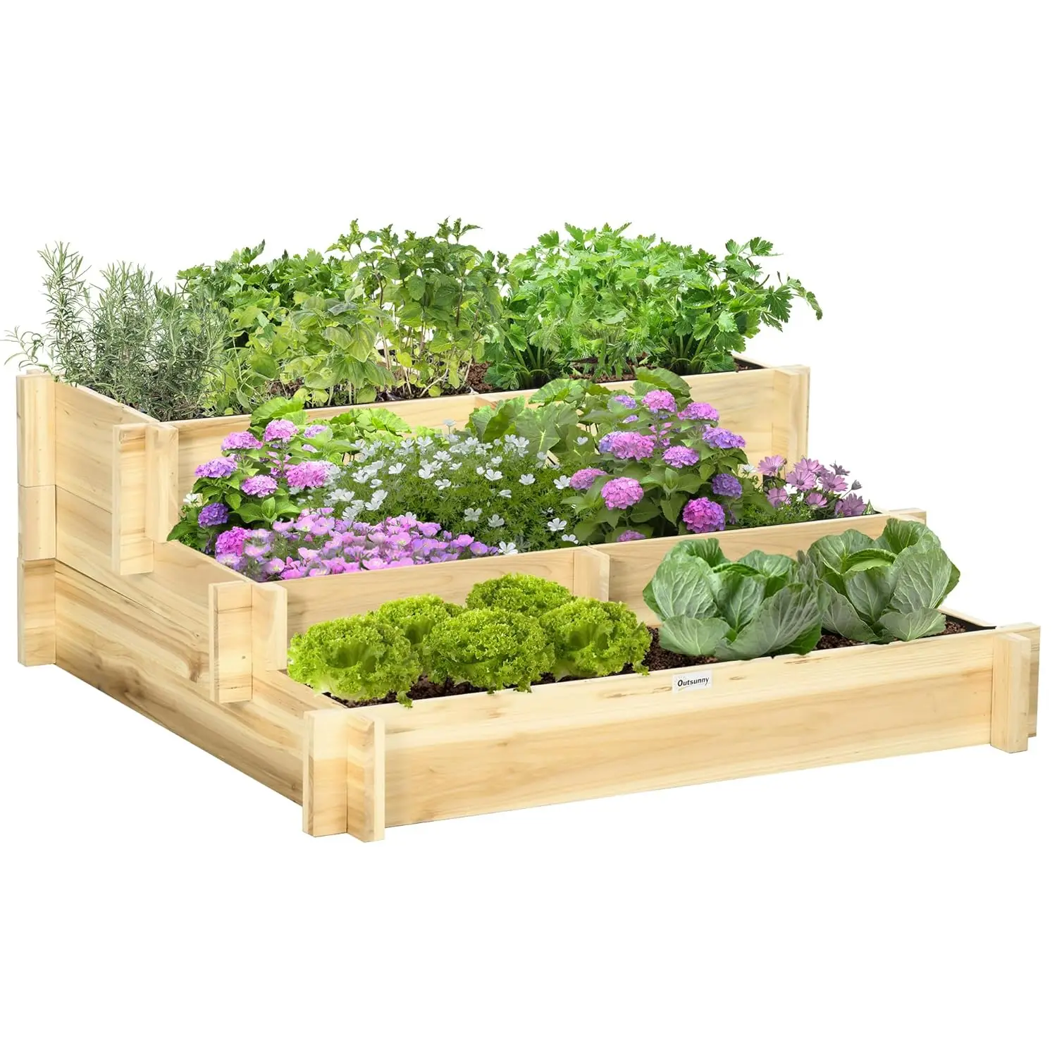 

3-Tier Raised Garden Bed 5 Compartment Fir Wood Elevated Planter Box for Vegetable Herb Outdoor Plant 37x37x14in Customized