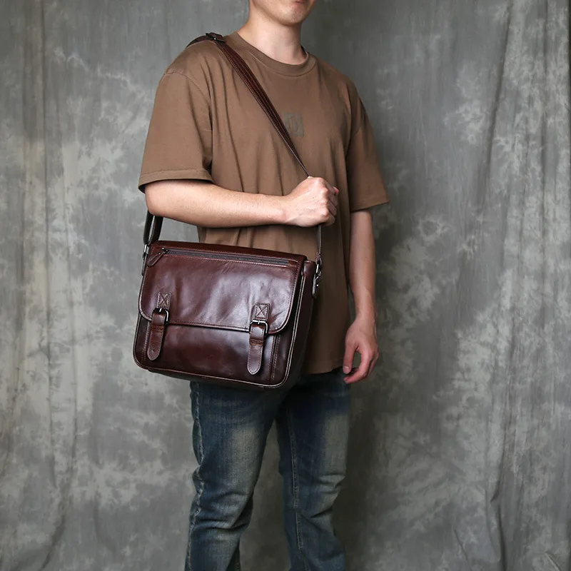 In Stock Retro Leather Men's Bag Crossbody Bag Casual Top Layer Cowhide Cover Shoulder Bag Large Capacity Mailman Bag