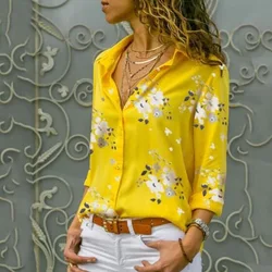 Women Yellow Floral Print Button Shirt Casual Long Sleeve Lapel Collar Leopard Print Beach Holiday Blue White Blouse Fall Tops