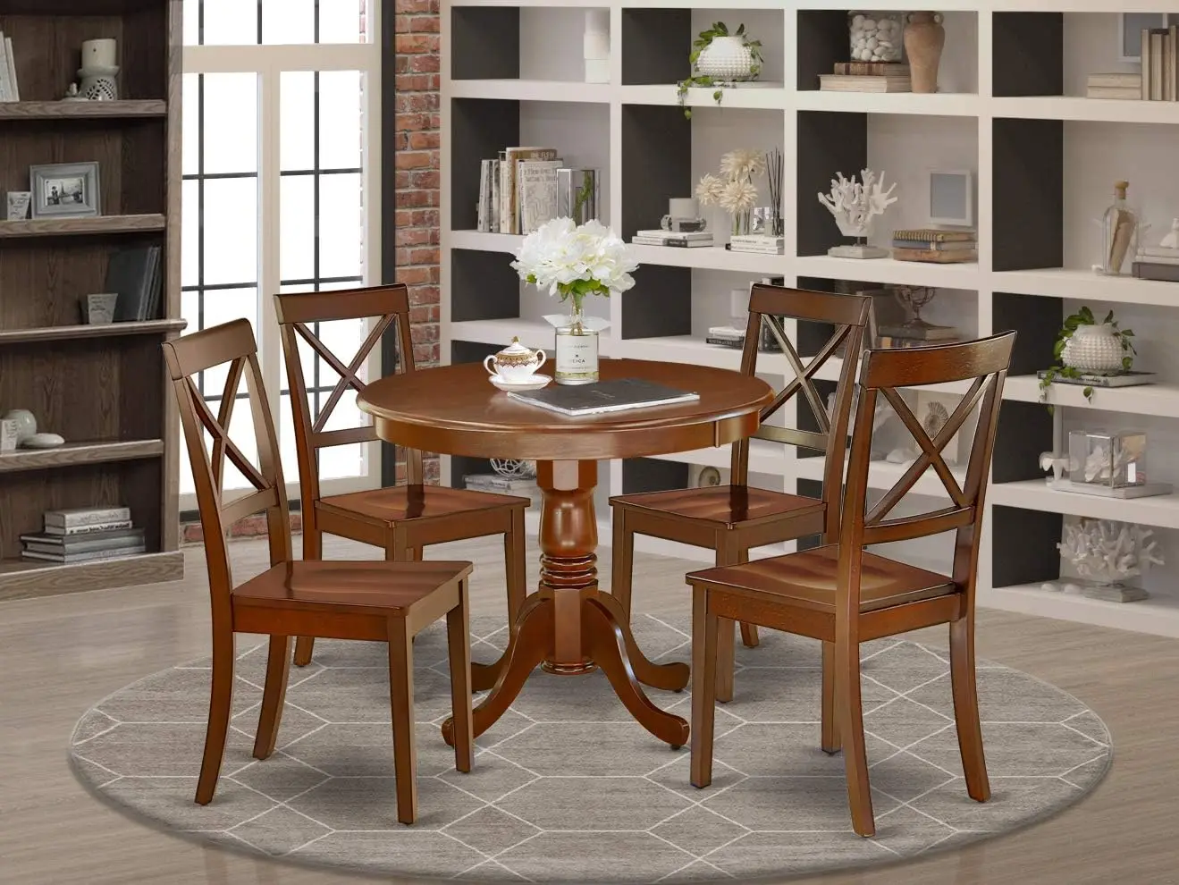 East West Furniture ANBO5-MAH-W 5 Piece Dinette Set for 4 Includes a Round Kitchen Table with Pedestal and 4 Dining Room Chairs