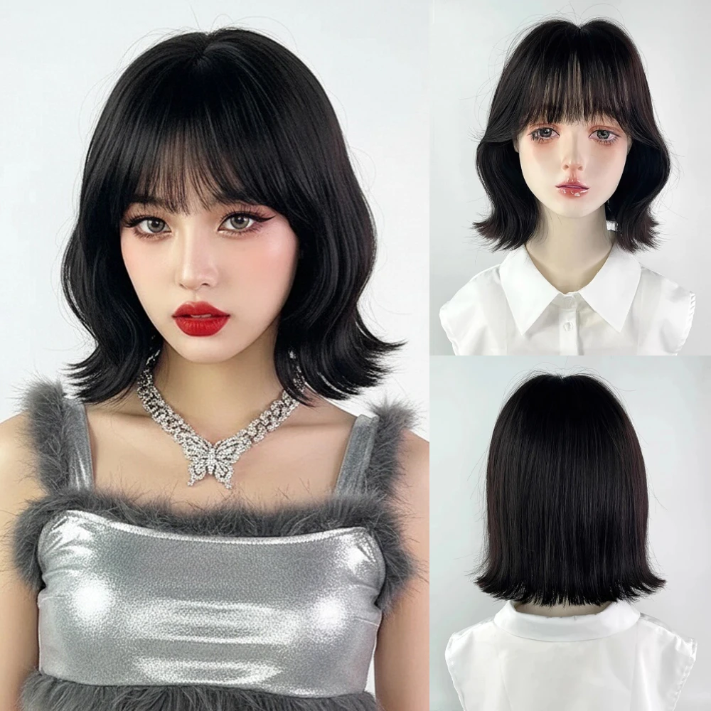 

Женский короткий прямой синтетический парик, пушистый черный парик Лолиты для косплея с челкой, термостойкий для повседневной вечеринки