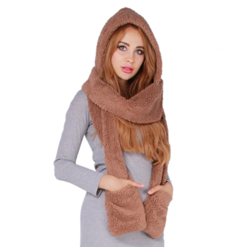 3 In 1 Women Winter Warm Scarf Snood Pocket Hats Gloves Fashion Hooded Srarves Scarf Hat Glove 3 Piece Sets