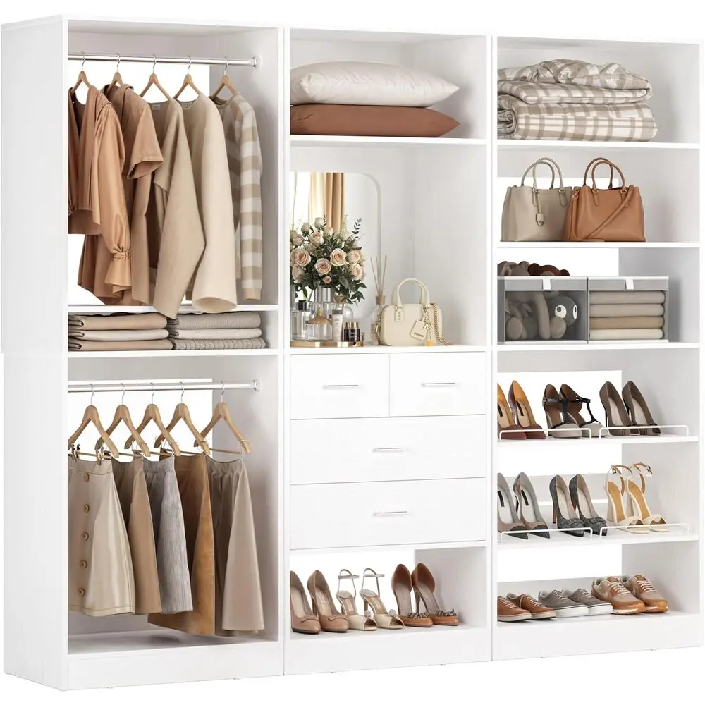 

6.2ft Large Walk-In Closet Organizer with Hanging Rods, Mirror, Shoe Shelves, White, 2000 lbs Max Load