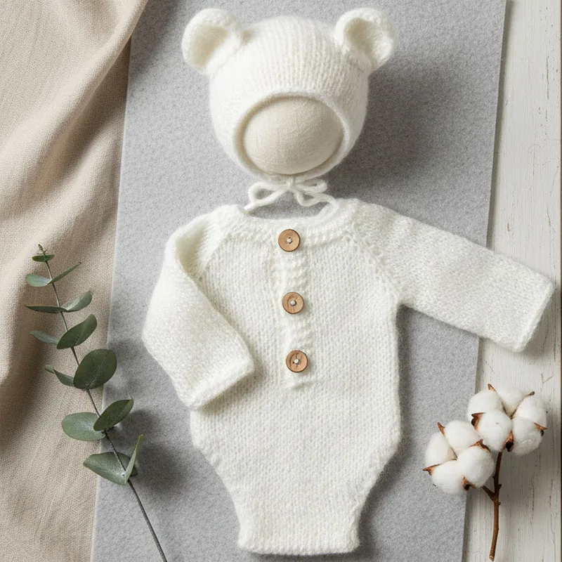 Newborn Photography Outfit Fluffy Mohair Wool Romper Shorts Bear Hat Baby Girl Summer Clothes Shoot Costume Newborn Photo Props