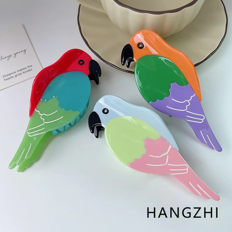 HANGZHI Red Green Clashing Parrot Scratch Clip Cartoon Fun Unique Animal Hair Accessories for Women Birthday Gift for Friends