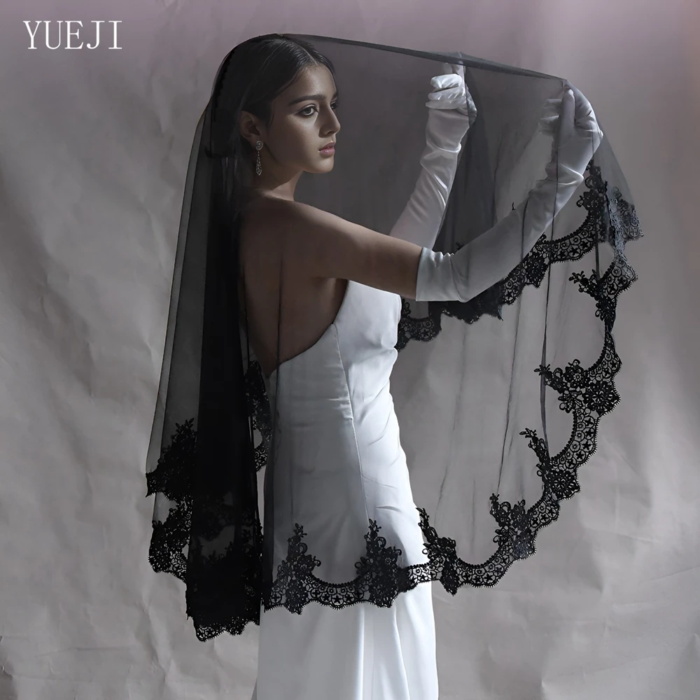 YUEJI 신부 더블 레이스 엣지 블랙 베일, 긴 손가락 신부 웨딩 액세서리, Vestido De Novia 2024 De Buena Calidad YJ224