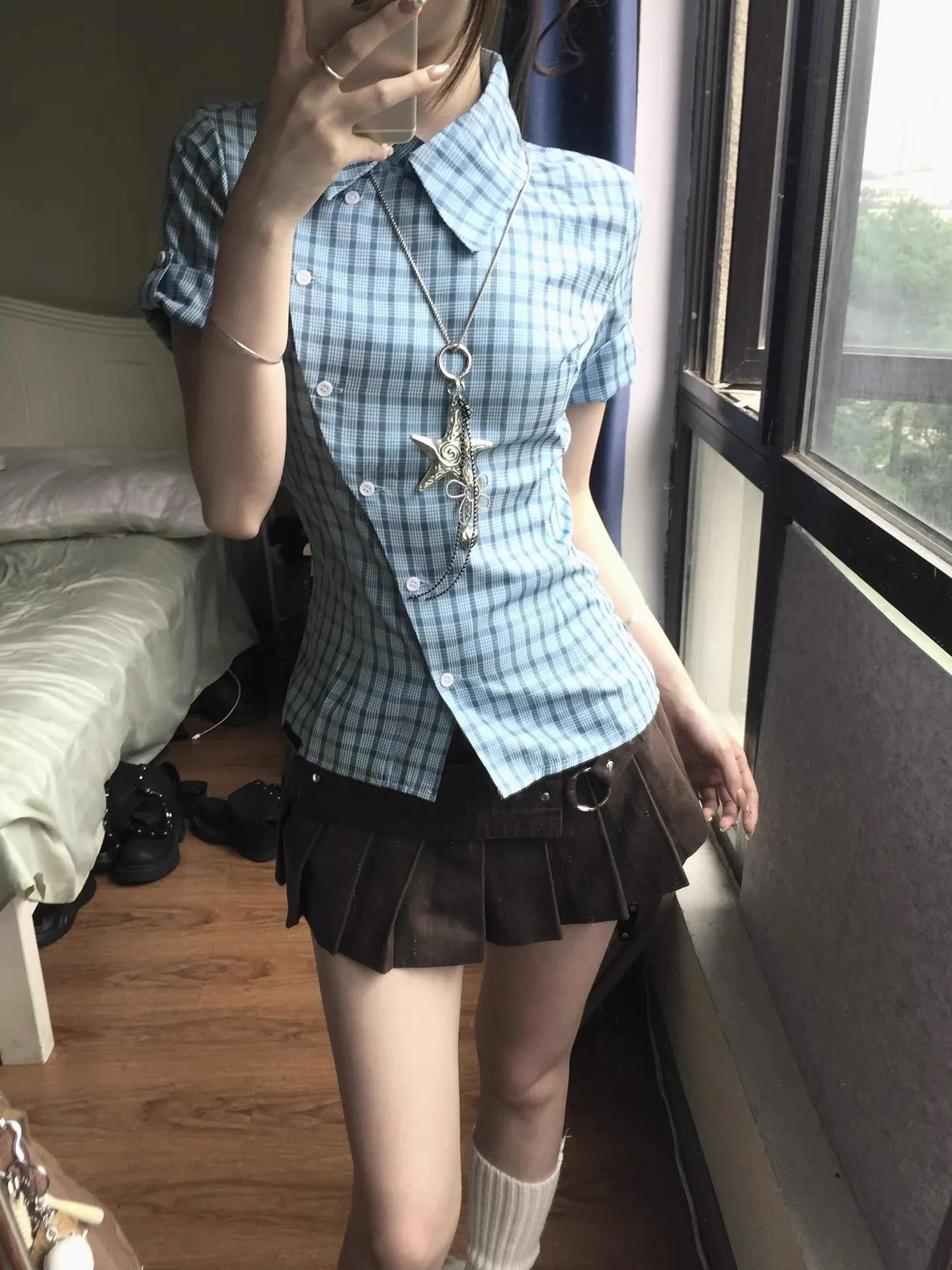 Blue checkered short-sleeved shirt - New summer style women's checkered blouse unique design slim fit sexy and fashionable top