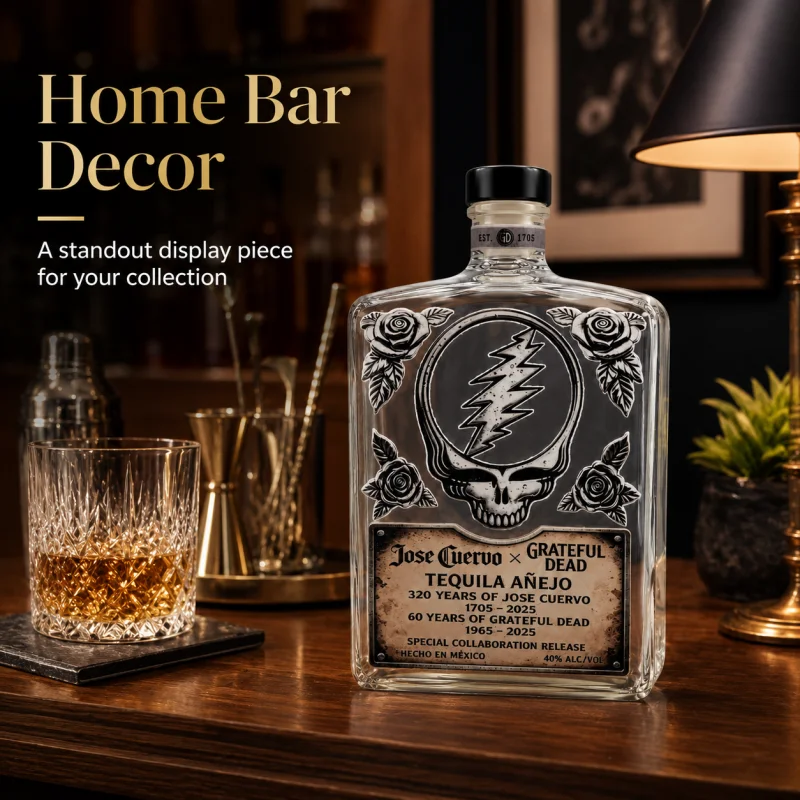 Carafe Grateful Dead, bouteille de liqueur en forme de crâne rose, bouteille de whisky groupe rock, bouteille de tequila vintage en verre, décoration de bar