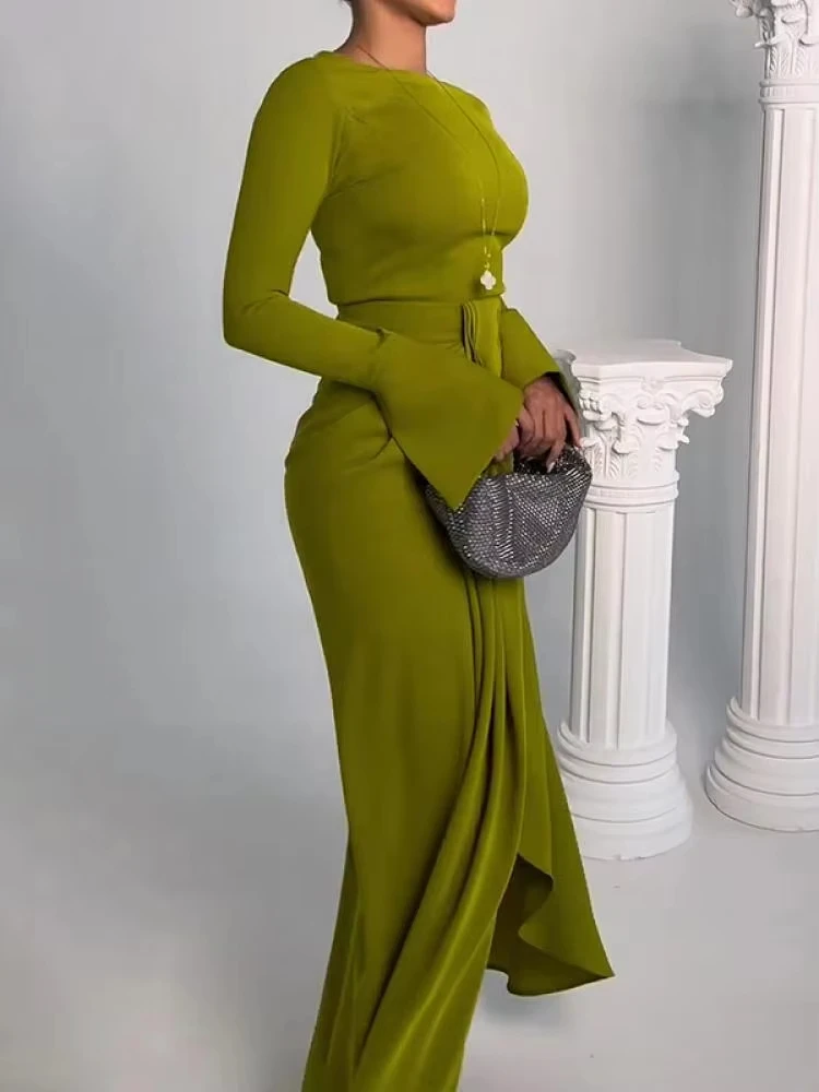 Women Vintage Elegant Green Party Evening Dresses 2024 New Spring Long Sleeves Split-Front Casual Office Pleated Dress