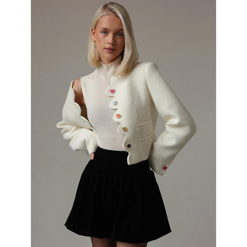 Fashionable Short Button up Multi-Color round Neck Coat for Autumn Winter 2024 Simple Style Polyester Long Sleeve Loose Fit