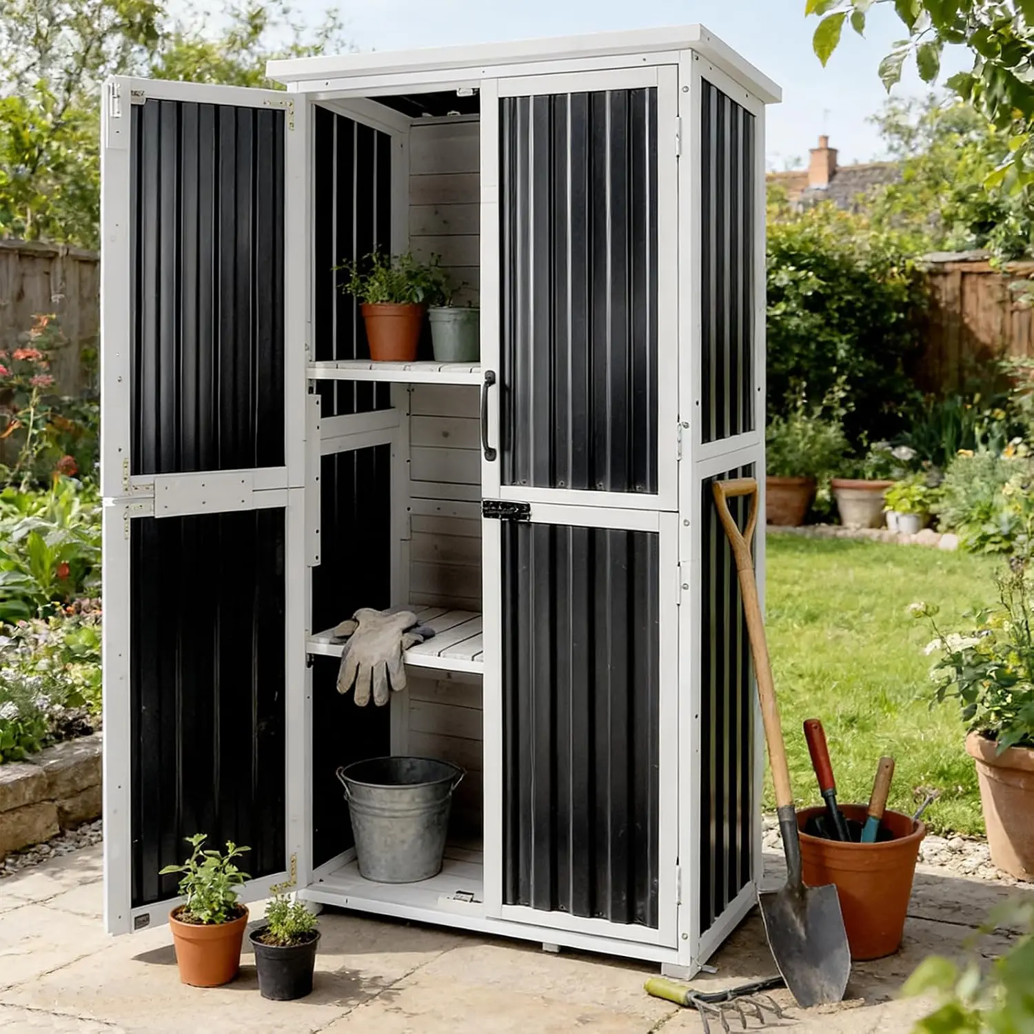 Outdoor Storage Shed Wood Metal Frame Waterproof Roof Adjustable Shelves Ventilated Blinds Tool Cabinet Black, Customized