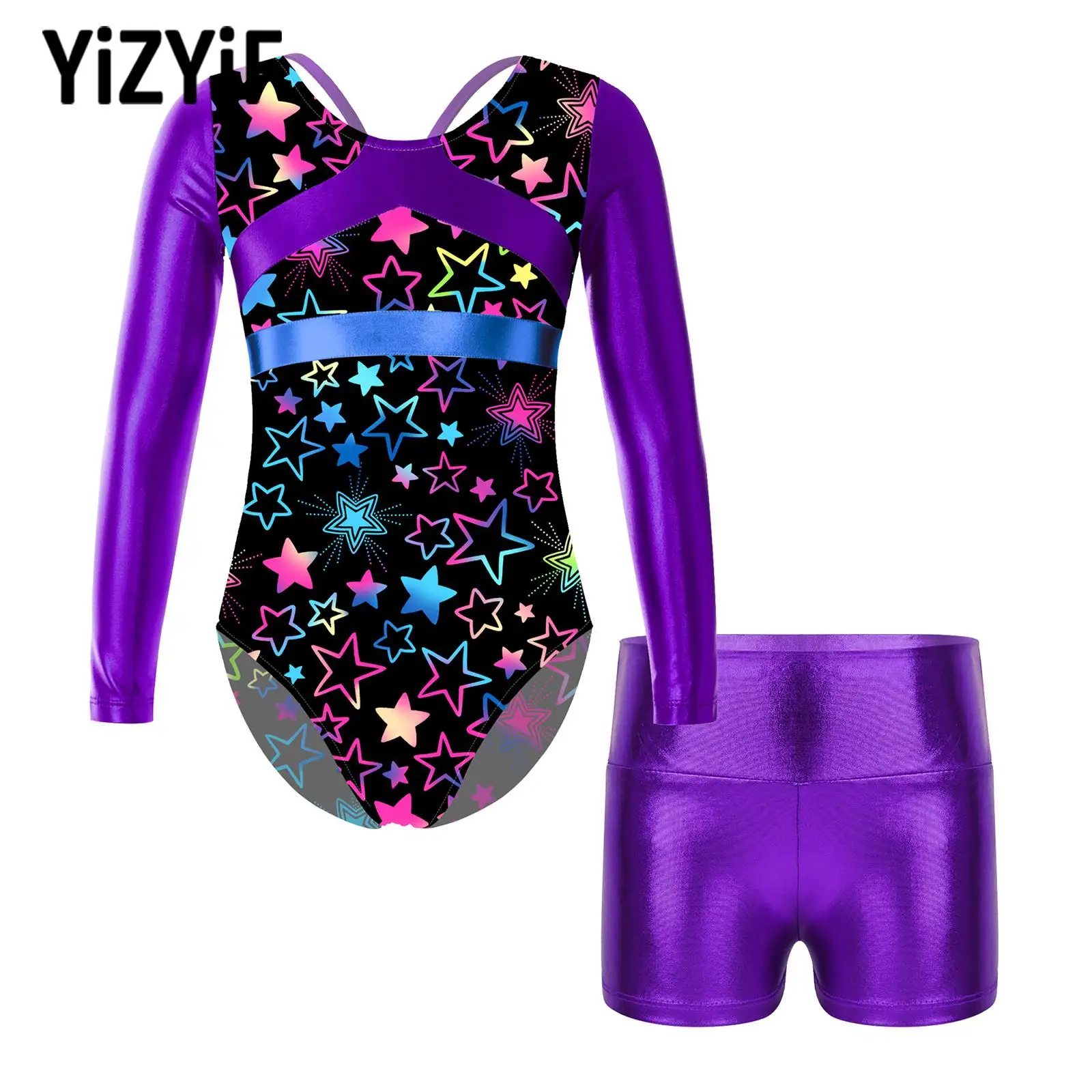 

Girls Ballet Dance Costumes Outfit Shiny Metallic Figure Skating Dance Leotards Kids Long Sleeves Gymnastics Leotard with Shorts