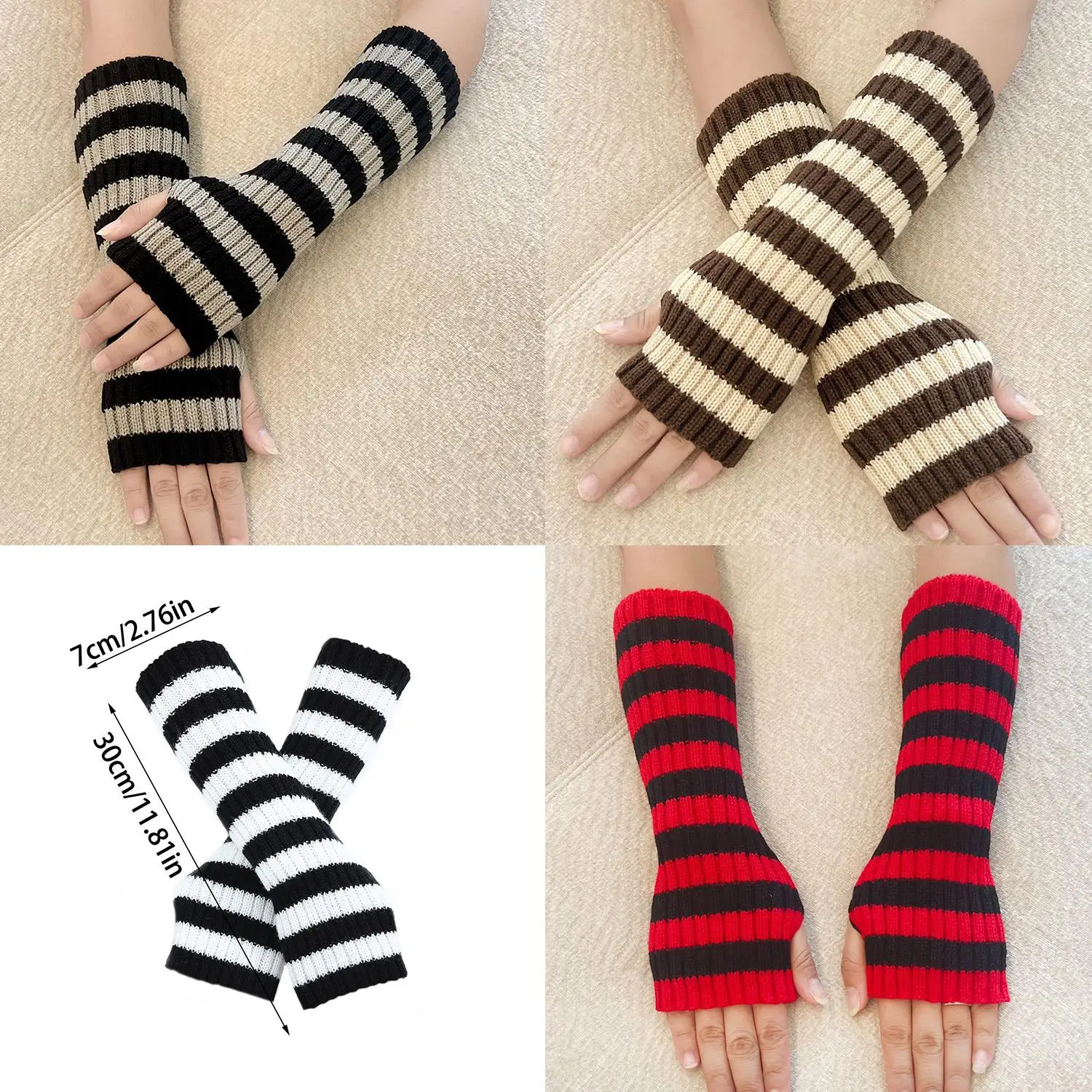 1 Pair New Y2K Colorful Fingerless Gloves Arm Cover Striped Knitted Wrist Sleeves Arm Warmer Gothic Striped Knitted Winter