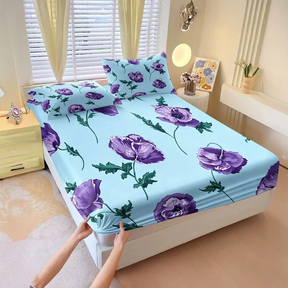 Purple Floral Print Fitted Sheet Set Bed Sheet Set Digital Printed Bedding Soft Elastic Fabric for Bedroom Home Decor