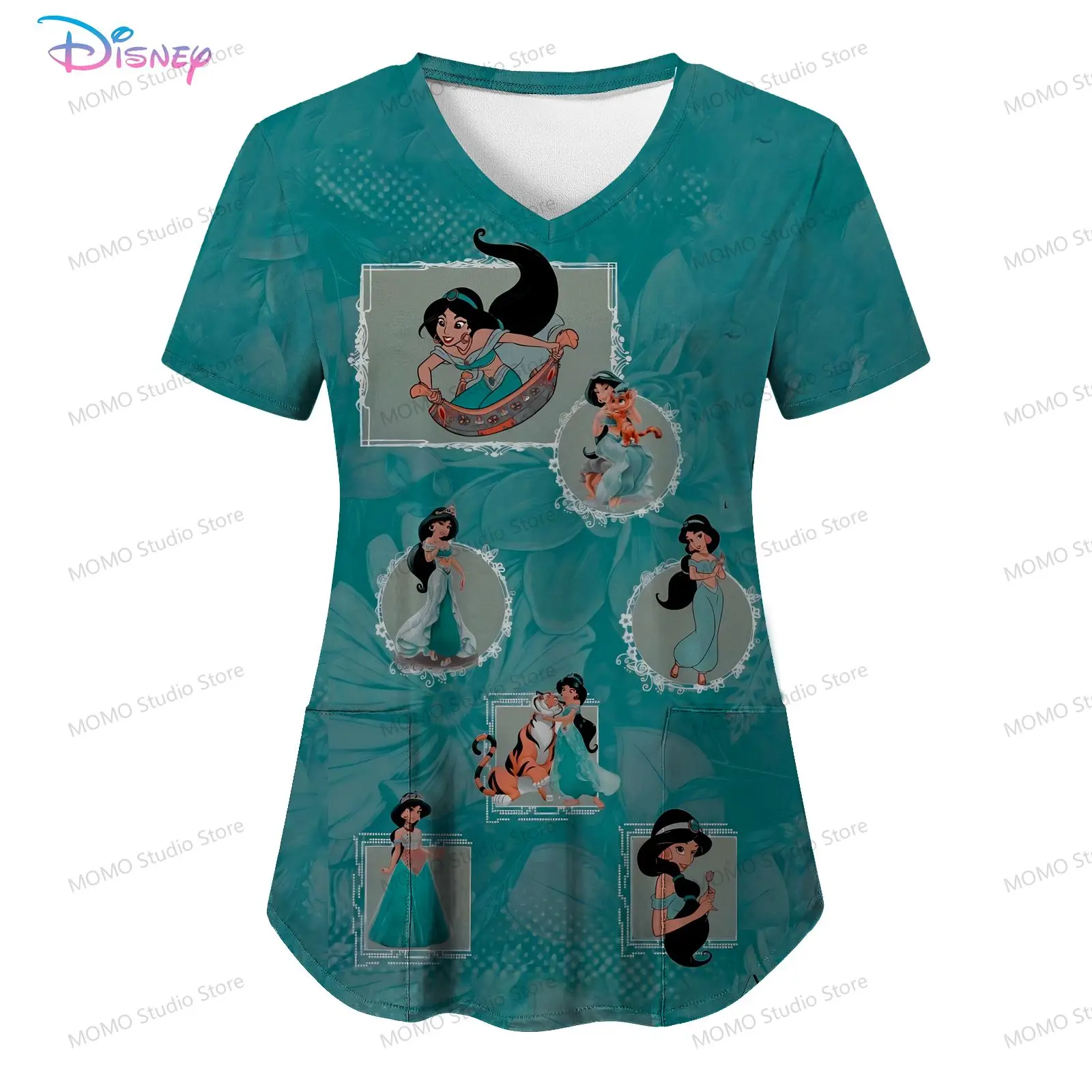 Disney Princess Pocket Women's V Neck Nurse Uniform T-Shirt Y2k Summer Short Sleeve Youthful Woman Clothes Tops S-2XL Kawaii