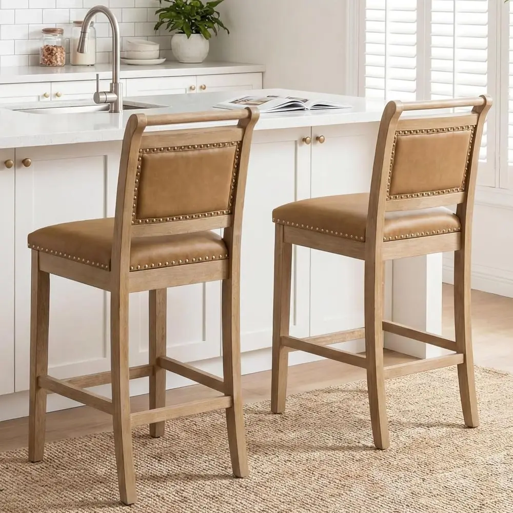 

Rustic French Country Style Upholstered Bar Stools Set of 2, Counter Height with Back and Top Rail, Brown Faux Leather, Natural