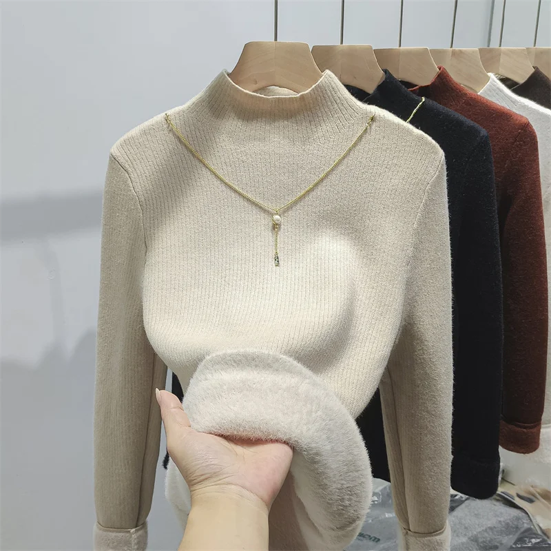 

Thiened Fce One-Piece Knitted Sweater Women Loose Autumn Winter New Sle Chain Link Knitted Inner irt f High Collar