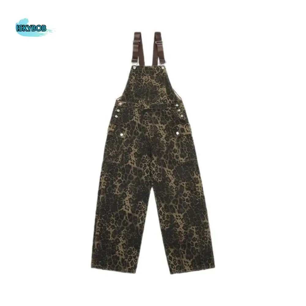 

Simple Baggy Leopard Print Overalls Straight Leg Wide Leg Rompers Women Y2k Ins Style Retro Leopard Print Pants Party