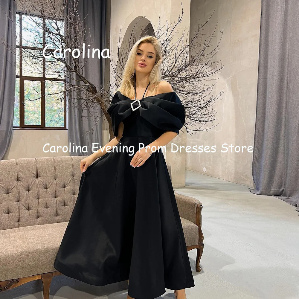 Carolina Satin A-line Off-the-shoulder Ruffle Prom Gown Ankle Length Saudi Evening Formal Elegant Party Dress for Women 2023