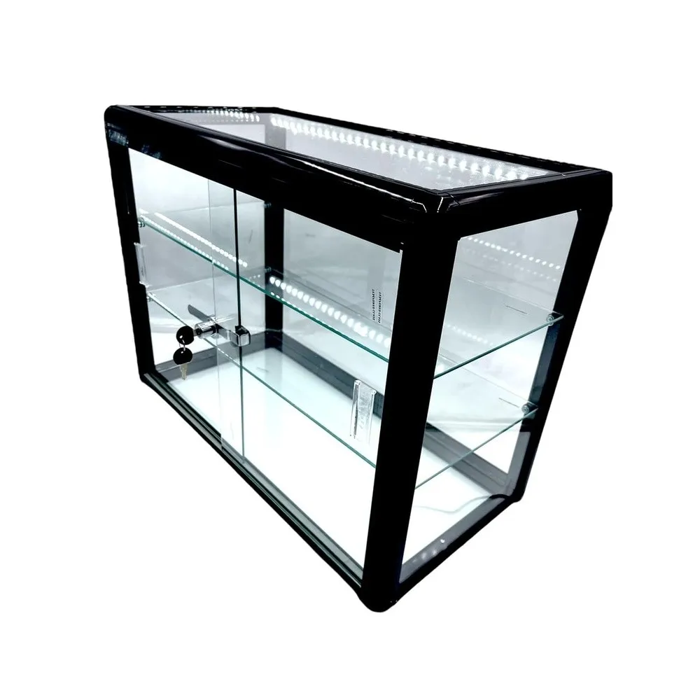 Elegant Black Aluminum Display Table Top Tempered Glass Show Case. Sliding Glass Doors with Lock Option with LED Lights