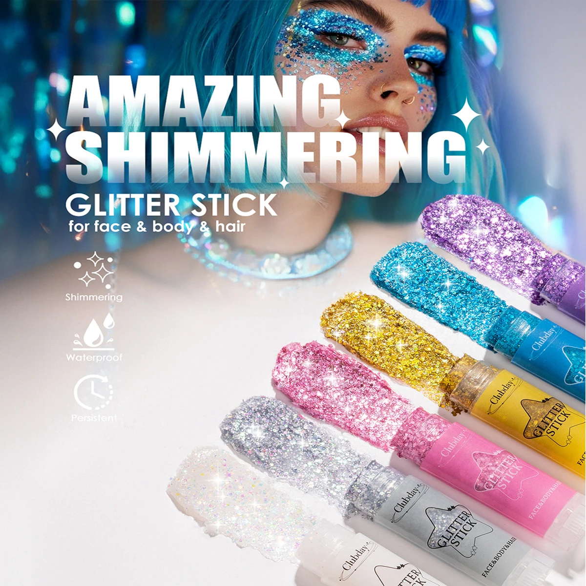 6色のグリッタースティック、ボディ、顔、髪用、スパンコール付きキラキラクリームハイライター、コンサートパーティー用フェスティバルメイク、防水