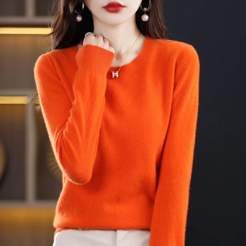 Mùa Thu Đông 100% Nguyên Chất Len Nữ Cashmere Áo Len Cổ Tròn Thời Trang Đáy Áo Thun Cổ Áo Đan Dây Màu Trơn Dài Tay Áo