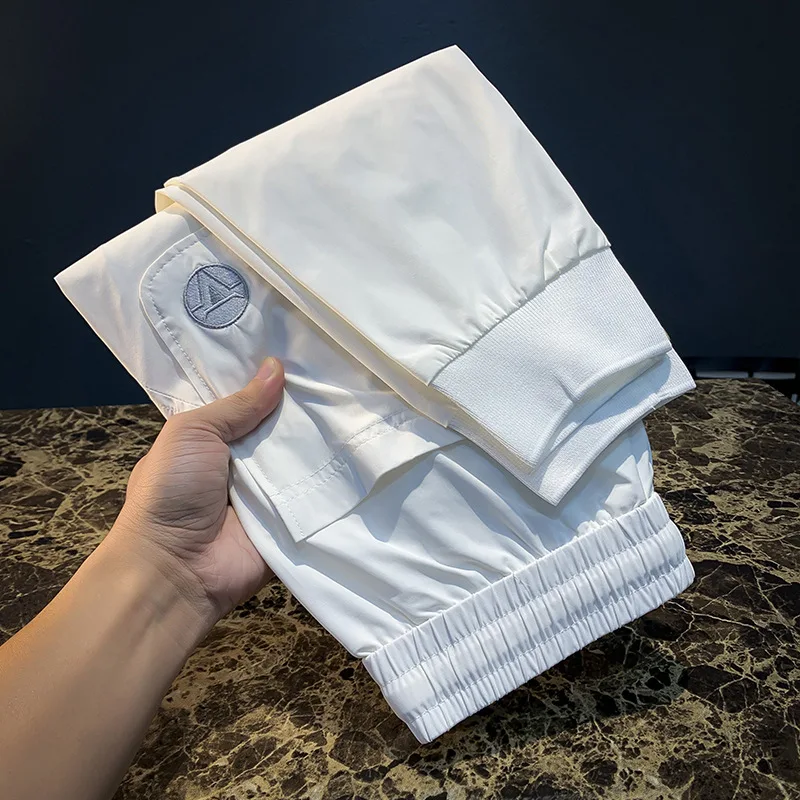 Casual pants men's summer new elastic high-end embroidered ankle pants ultra-thin trendy sports pants