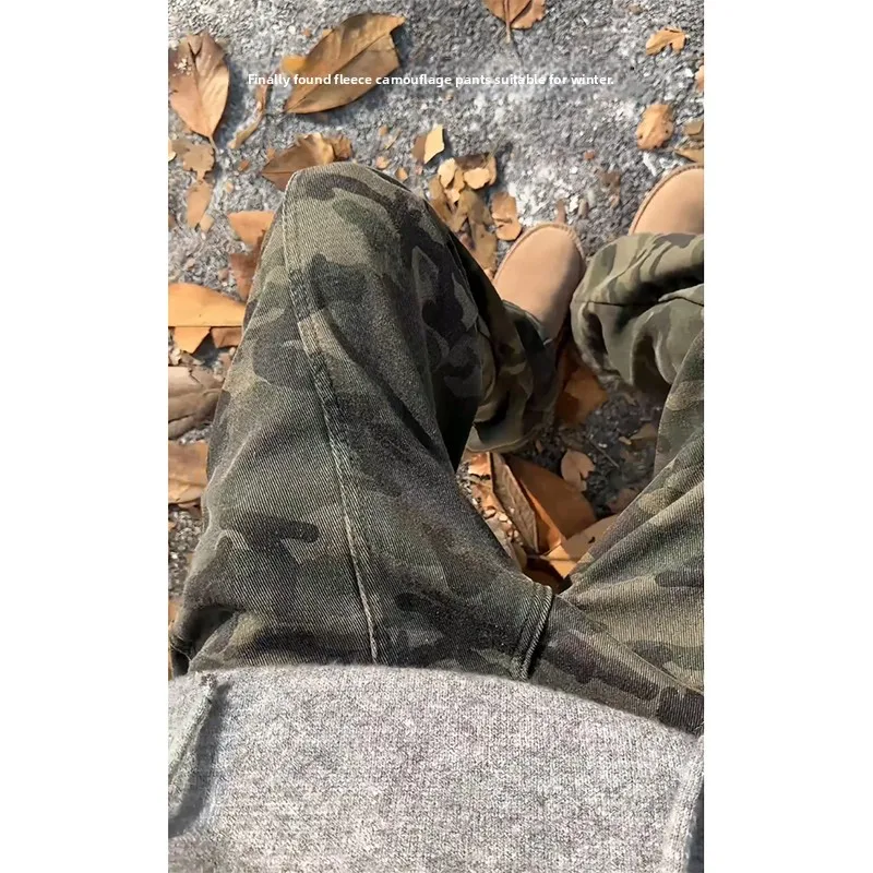 

Ретро-джинсы в американском стиле с камуфляжным принтом, на флисовой подкладке, молодежные, модные, свободного прямого кроя, прочные, для работы и повседневной носки