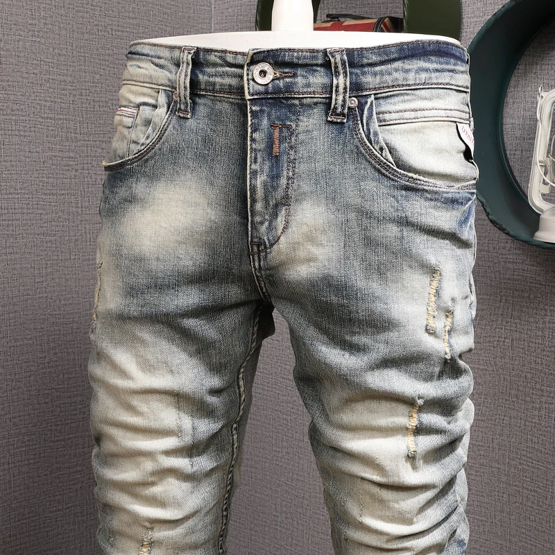 Fashion Designer Men Jeans Retro Washed Elastic Slim Fit Ripped Jeans Men Casual Stretch Trousers Vintage Denim Pants Hombre
