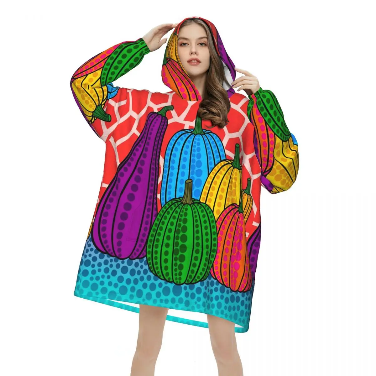 Oversized Yayois Kusamas Pumpkin Wearable Blanket Gifts for Women Men Ultrasoft Plush Warm Sweatshirt Blankets With Pocket