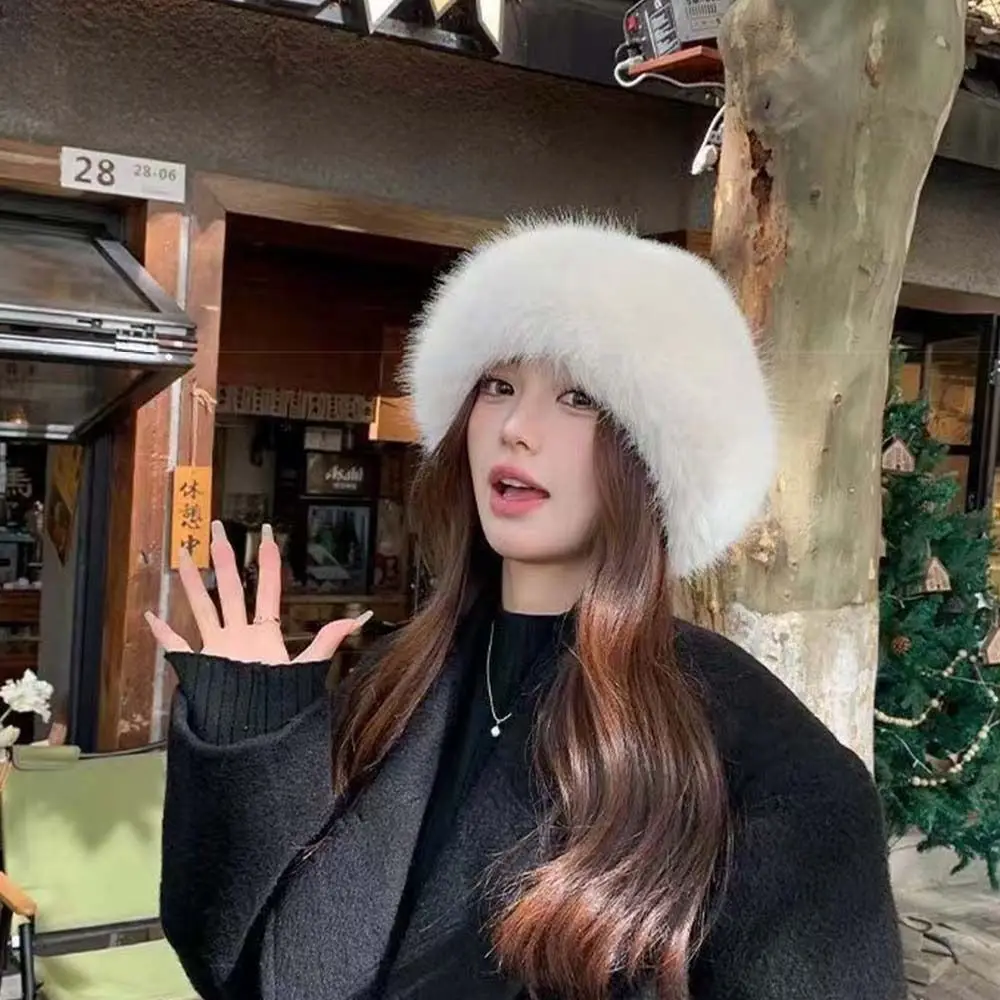 Cute Warm Cap Faux Fur Mink Hat Bucket Hat Solid Color Basin Cap Korean Style Solid Beanie Outdoor