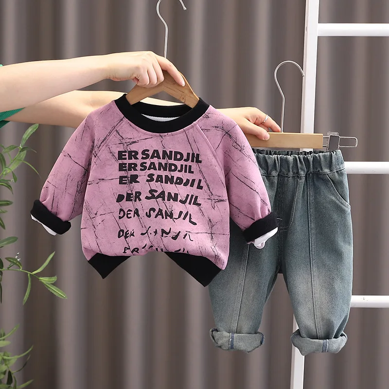 Spring Autumn Children's Suit 2025 New 1-5T Baby Boy Clothes Fashion Letter Printed O-neck Long Sleeve T-Shirts and Pants Set