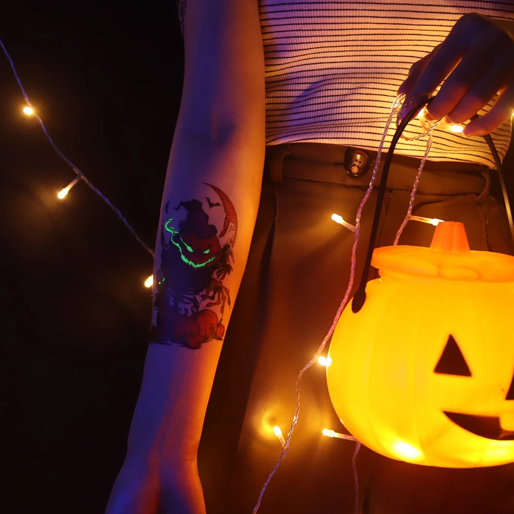 Big Size Luminous Halloween Tattoo Face Arm Hand Pumpkin Head Ghost Waterproof Temporary Tattoos Glowing Men Women Fake Stickers