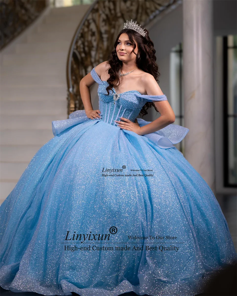 Cute Sky Blue Princess Quinceanera Dress Off spalla Shiny Ball Gown cristalli strass perle perline Tull Sweet 16 15Vestidos