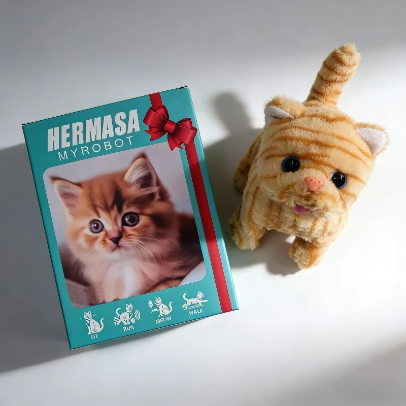 2026 Walking Meowing E-Cat Toy Realistic Fluffy Kitten W/6 Sounds, Auto-Running Pet Simulator Christmas Gift
