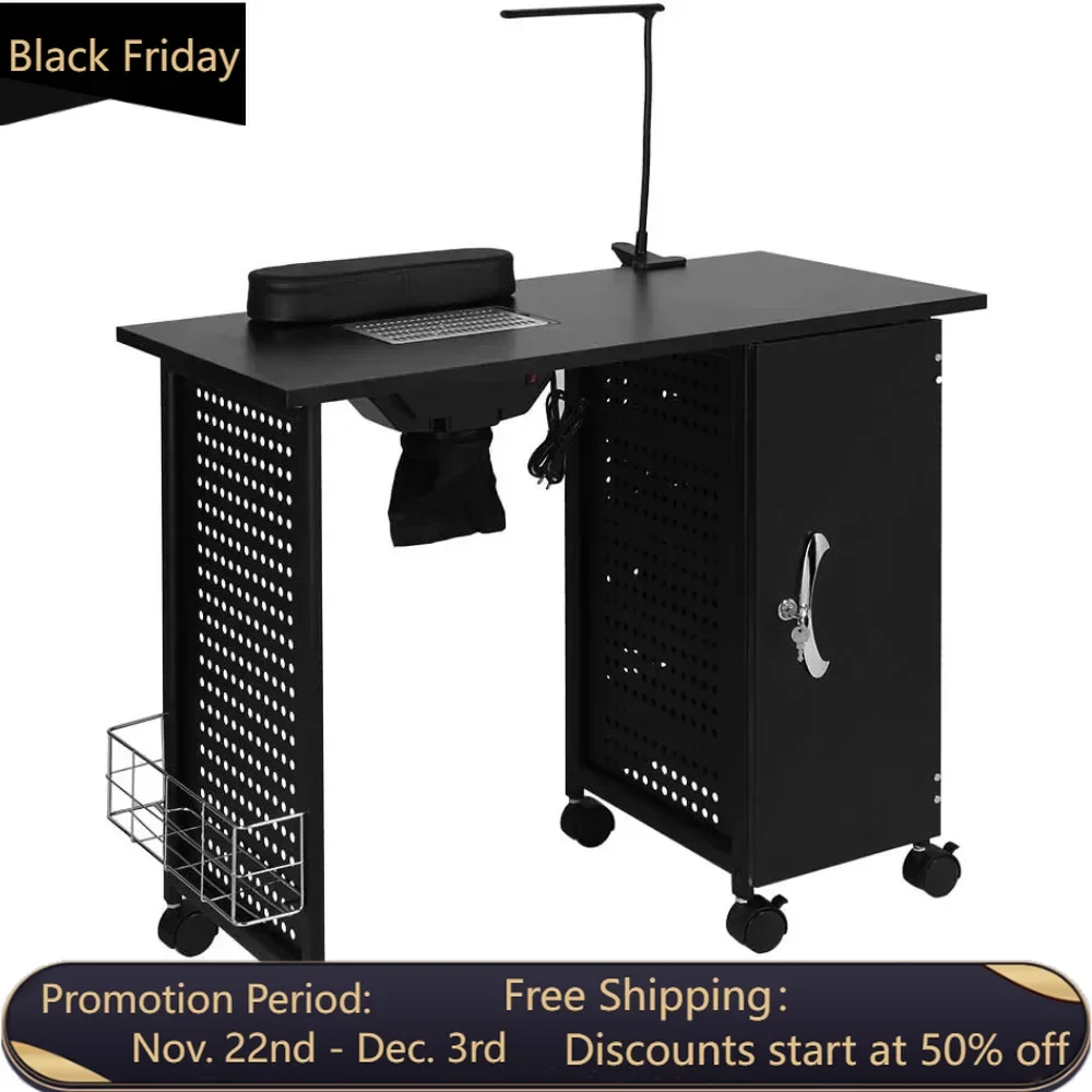 Manicure Table Nail Desk with Electric Downdraft Vent, Beauty Spa Salon Workstation Iron Frame with Lockable Cabinet