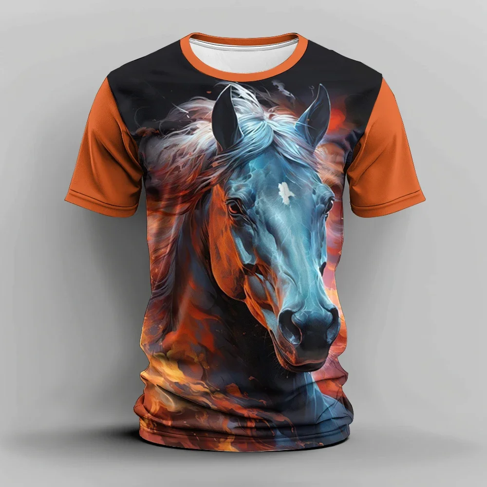 

Men's 3D Horse Print T-shirt, Round Neck Casual T-shirt, Short Sleeve T-shirt, Breathing Wear, Animal Economy, Summer Fashion