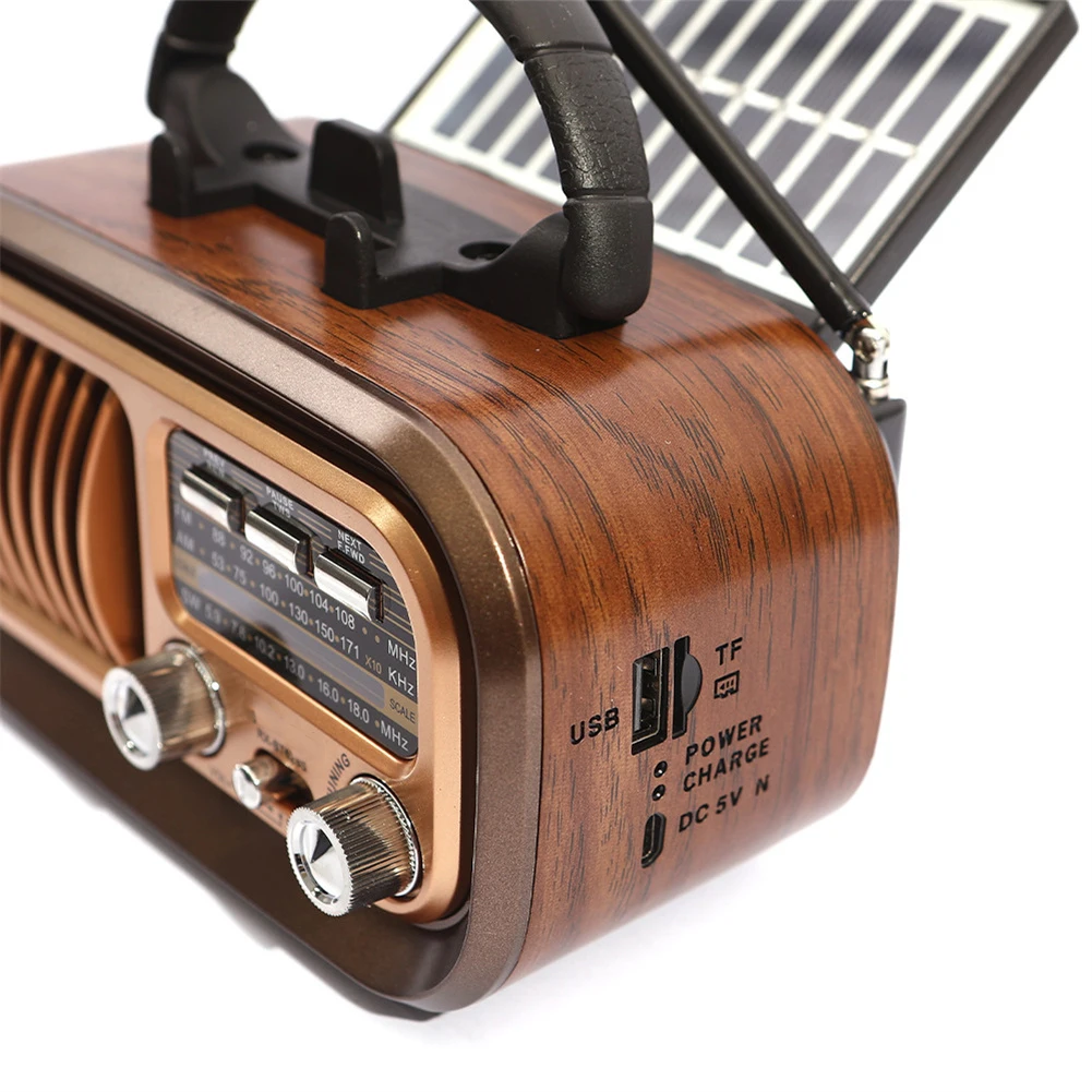 RX-628BTS AM FM Portable Radio Stereo Speaker Radio USB Cable/Solar Panels Rechargeable Vintage Radio 3 Band Large Tuning Radio